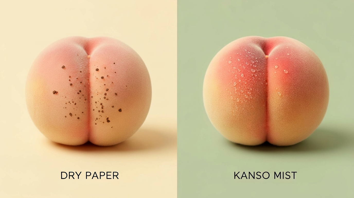 Comparison: dry paper leaves residue particles on the skin, while a KANSO mist sweeps the skin clean and fresh
